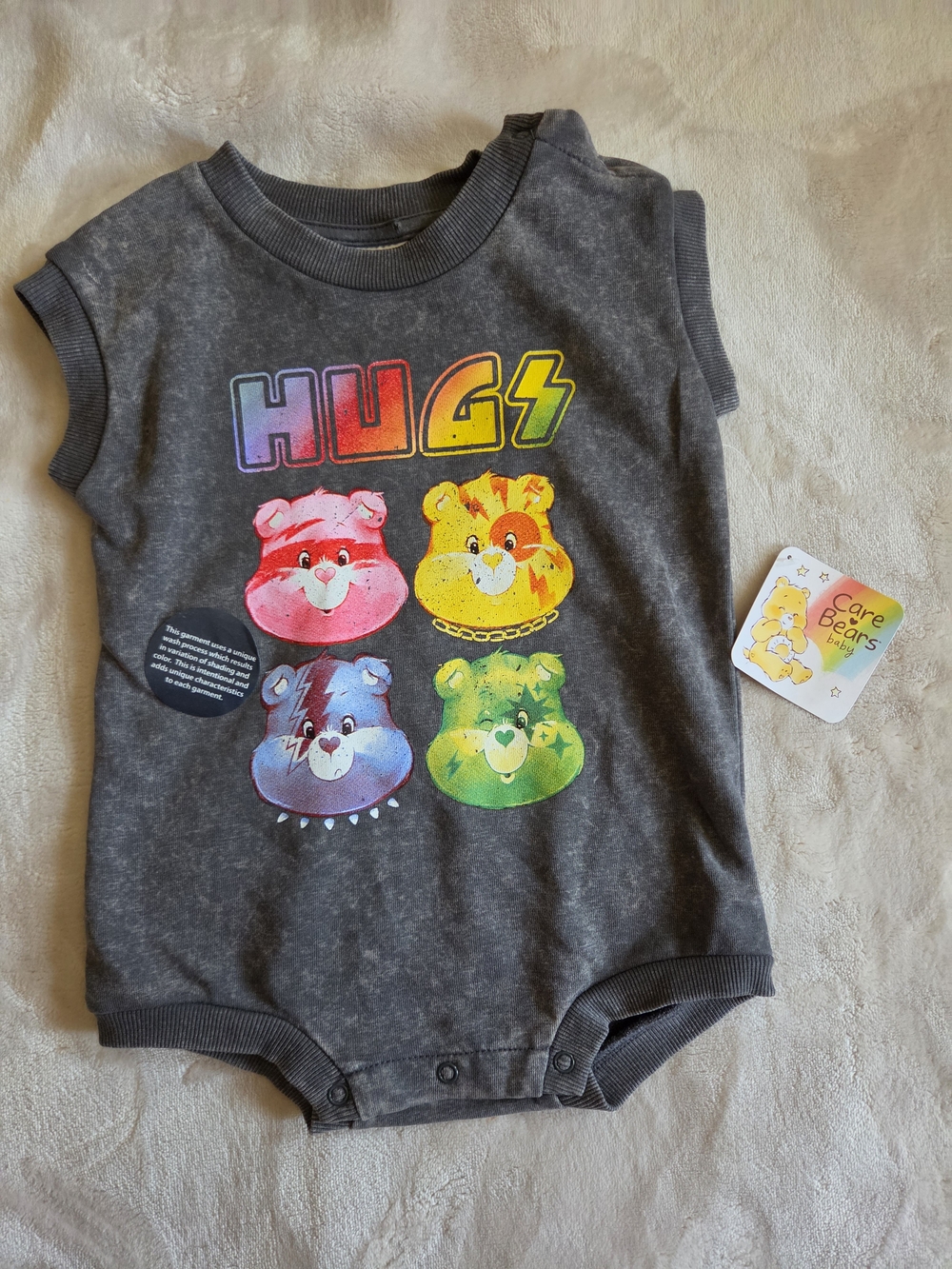 Baby Care Bears Gray Sleeveless Bodysuit with Neon HUGS and Rainbow Faces